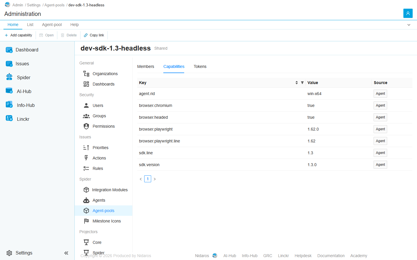 The Capabilities tab of the shared pool dev-sdk-1.3-headless: the capabilities its agents reported, such as agent.rid win-x64 and sdk.version 1.3.0, each with the source Agent