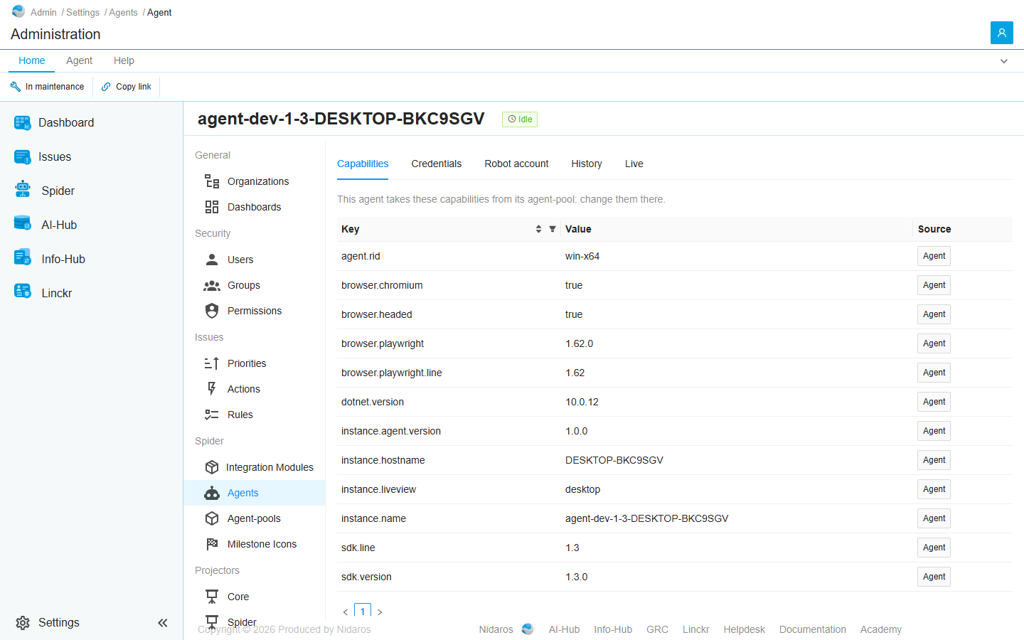 The Capabilities tab of an agent in the pool dev-sdk-1.3-headless: the capabilities it takes from its pool, read-only