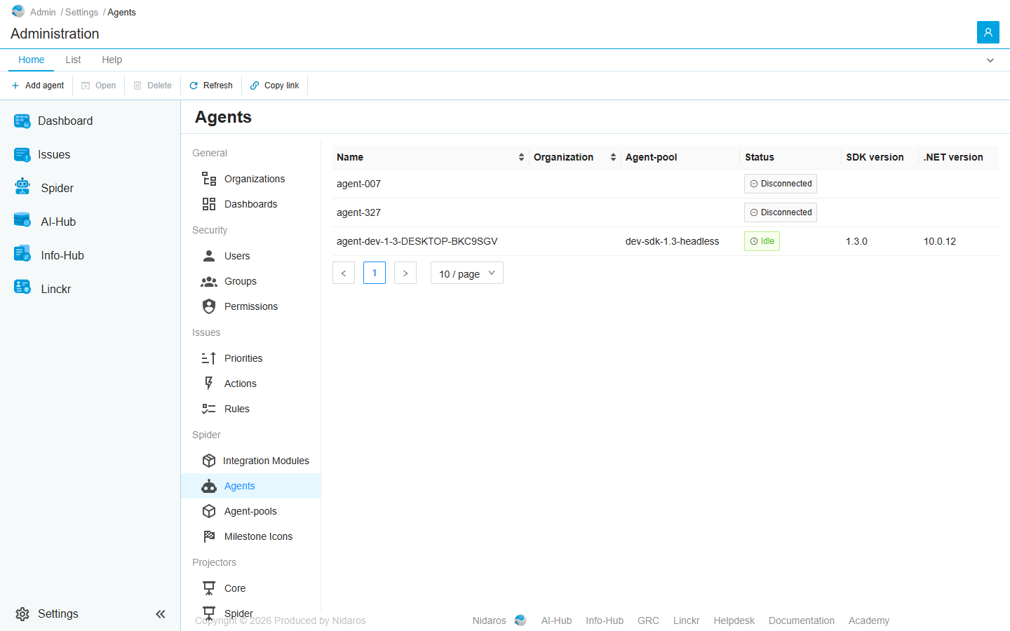 The Agents page: three agents with their organization, agent-pool, status, SDK version and .NET version, one of them Idle