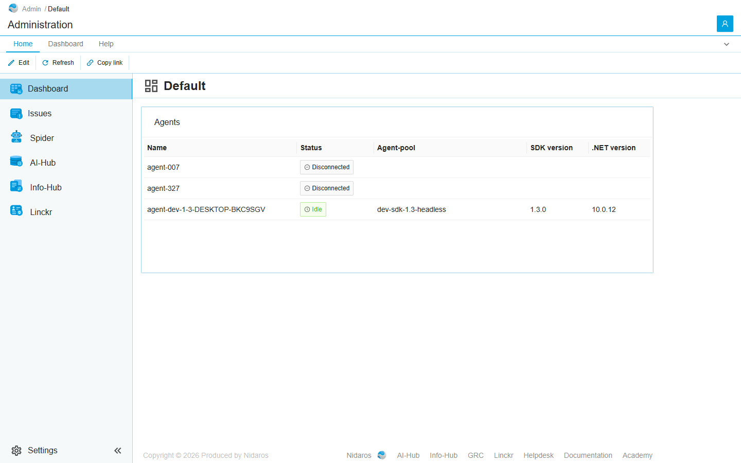 Administration's Default dashboard: a table of the agents, with their status, agent-pool, SDK version and .NET version