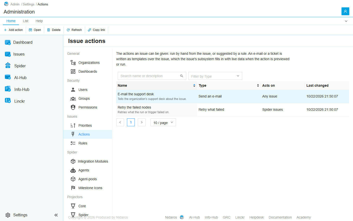 The Issue actions page: E-mail the support desk, a Send an e-mail action that acts on any issue, selected, and Retry the failed nodes, a Retry what failed action that acts on Spider issues