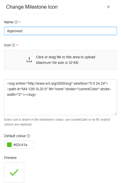 The Change Milestone Icon drawer of Approved: its name, its SVG markup, the default colour and a preview