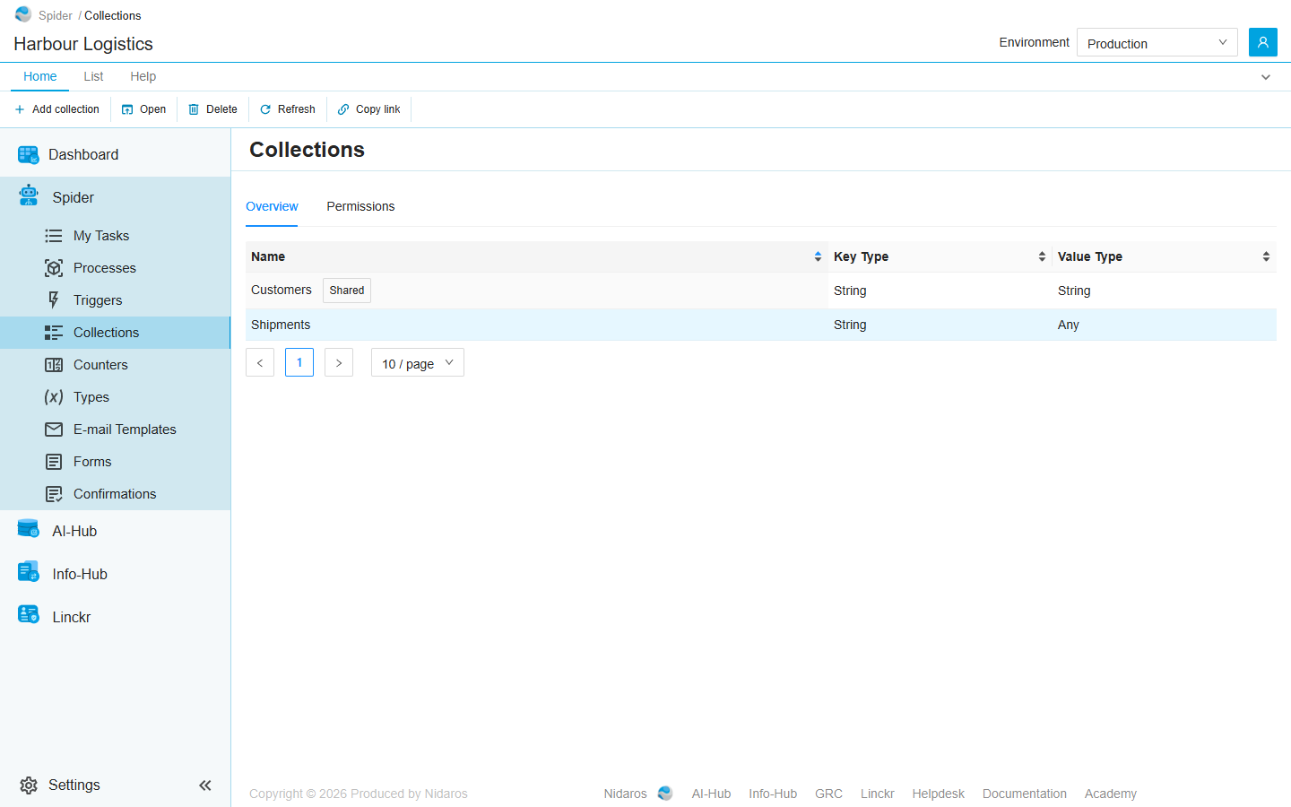 The Collections page: the collections Customers, tagged Shared, with String keys and values, and Shipments, with String keys and values of any type, selected