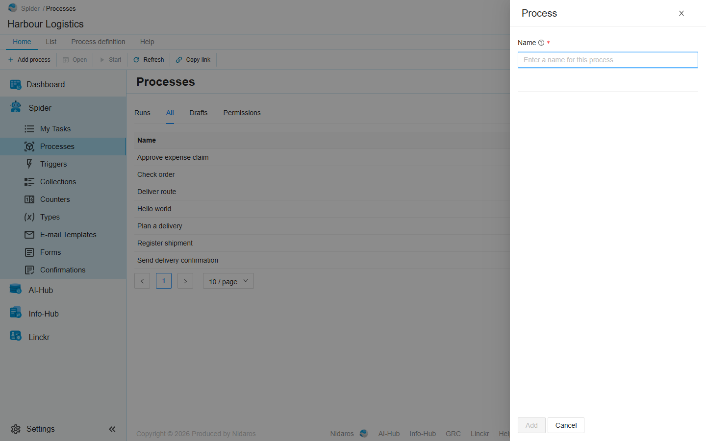 The Process drawer over the Processes page, with its Name field and the buttons Add and Cancel at the bottom