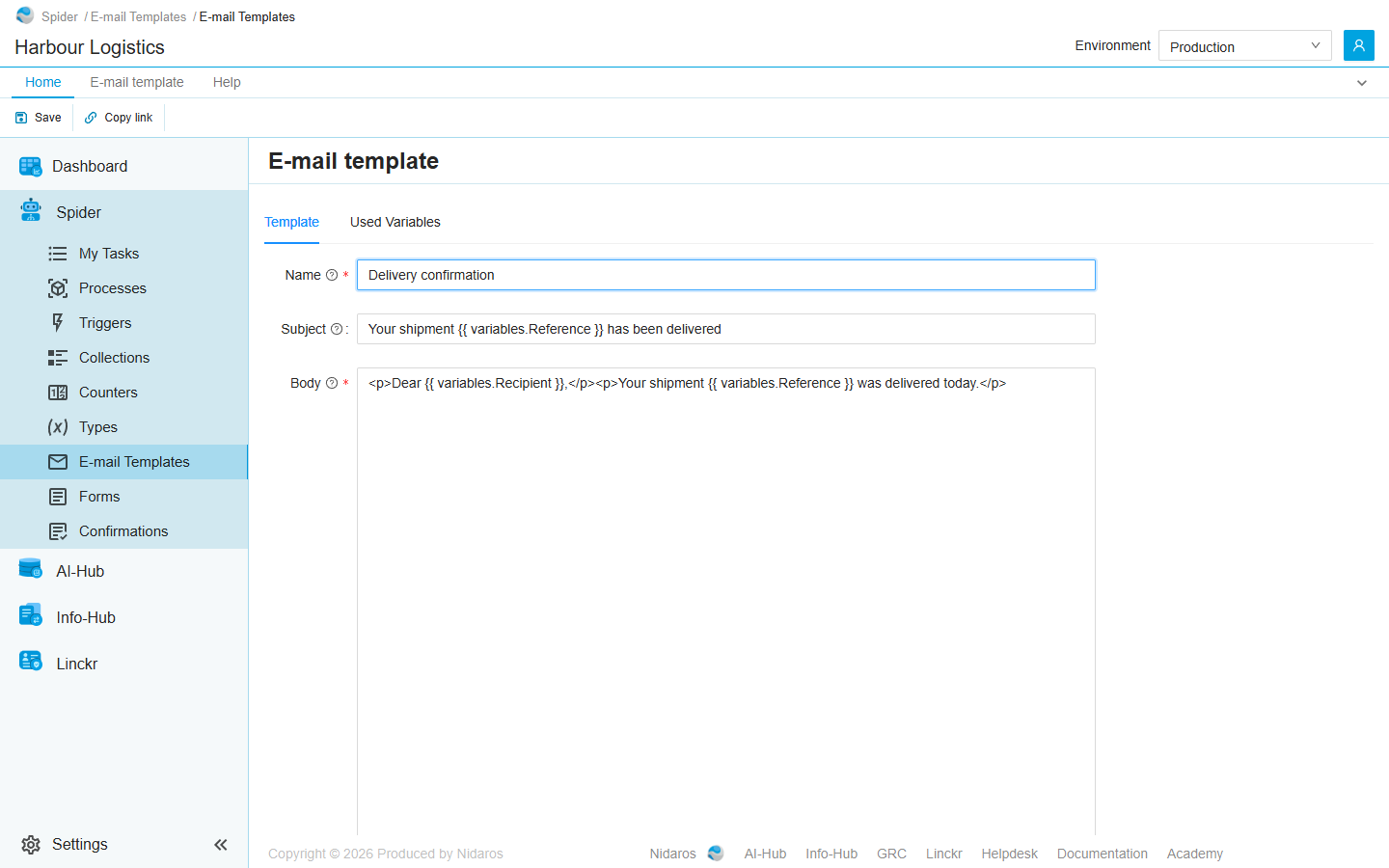 The editor of Delivery confirmation: its name, the subject Your shipment {{ variables.Reference }} has been delivered, and the body, with {{ variables.Recipient }} and {{ variables.Reference }}