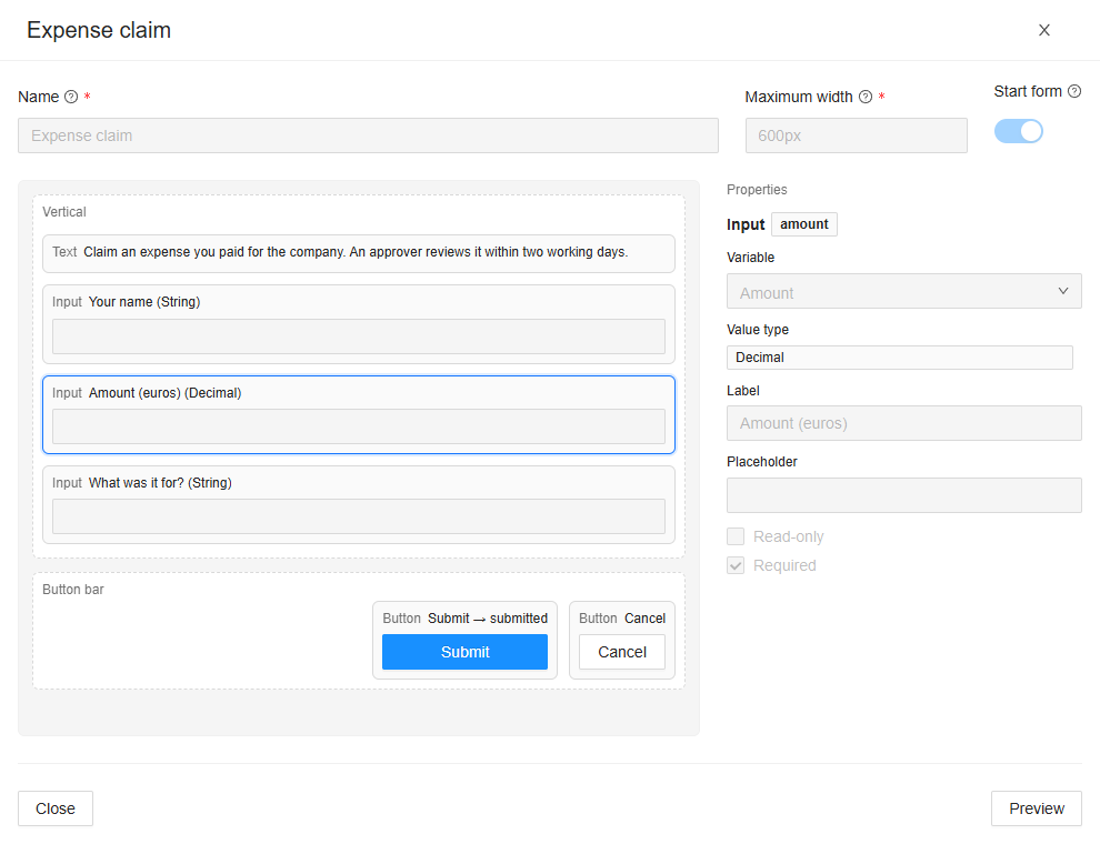 The form Expense claim in the form designer: a text, three inputs Your name, Amount (euros) and What was it for?, and a button bar with Submit and Cancel; the input Amount (euros) is selected, and its properties show its Variable Amount, its Value type Decimal, its Label and Required