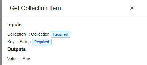 The drawer of Get Collection Item: the inputs Collection and Key, both Required, and the output Value of type Any