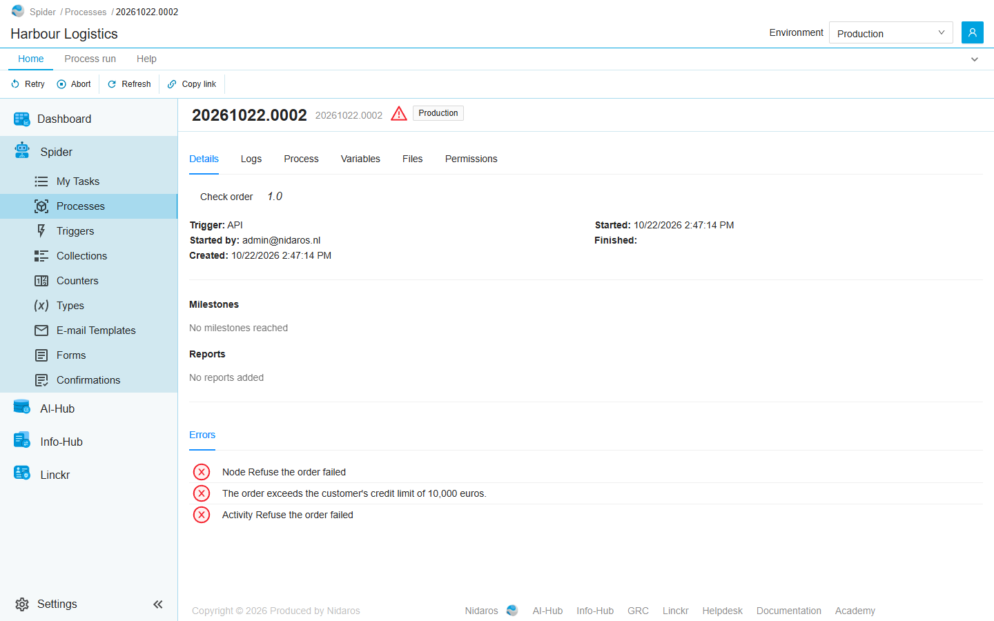 A failed run of Check order: its Details tab, with the definition, the times, no milestones or reports, and its errors