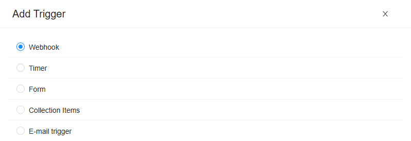 The Add Trigger drawer: the types Webhook, Timer, Form, Collection Items and E-mail trigger, with Webhook picked