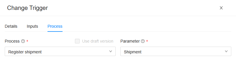 The Process tab of New shipment: the process Register shipment, and its parameter Shipment