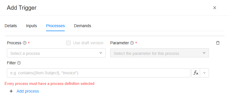 The Processes tab of a new e-mail trigger: one process row with Process, Use draft version, Parameter and Filter, and Add process below it
