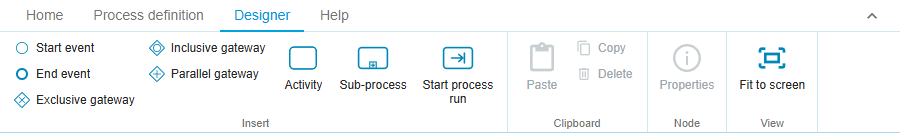 The Designer tab of the ribbon, expanded: the Insert group with Start event, End event, the three gateways, Activity, Sub-process and Start process run
